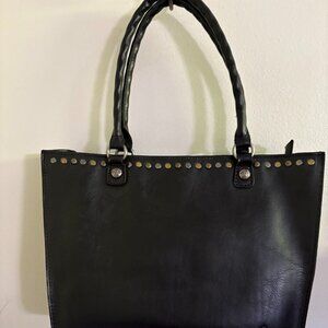 Patricia Nash Black Leather Tote with Gold Stud Accents